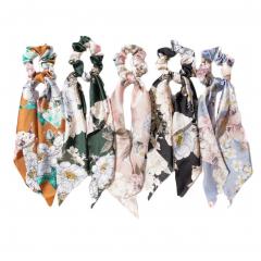 5 Pcs Multicolor Flowers Satin Ribbon Scrunchies Tassel Elastic Hairband Ponytail Hair Ties Scarf Hair Accessories